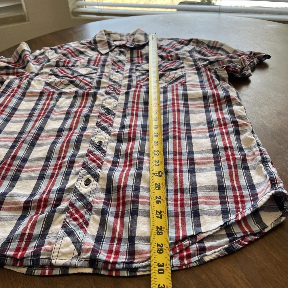 True Religion Plaid Shirt Men's L Western Button Short Sleeve Embroidered